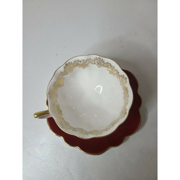 VINTAGE Shelley Fine Bone China Teacup And Saucer Set Burgundy Gold Trim Rare - Picture 2 of 6